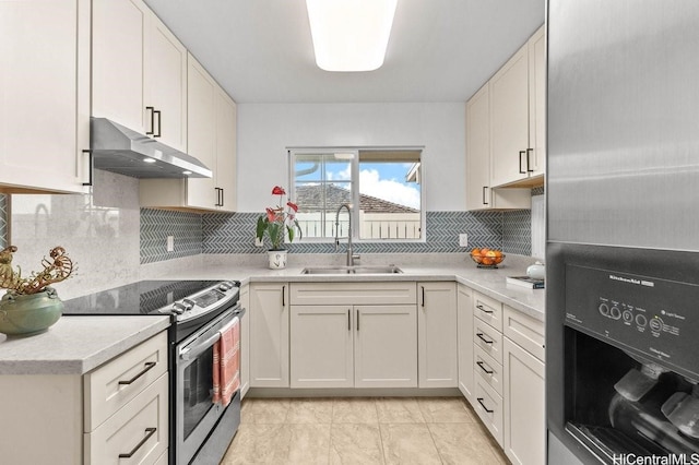 46-145 Humu Pl, Kaneohe, HI 96744 - kitchen featuring stainless steel electric stove, under cabinet range hood, fridge with ice dispenser, light countertops, and backsplash