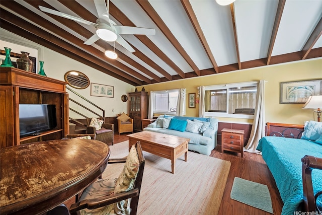 54-217 Kamehameha Hwy, Hauula, HI 96717 - living room featuring stairs, wood finished floors, and ceiling fan