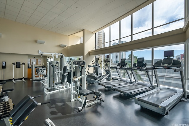 1296 Kapiolani Blvd Unit Ii2407, Honolulu, HI 96814 - gym featuring a towering ceiling