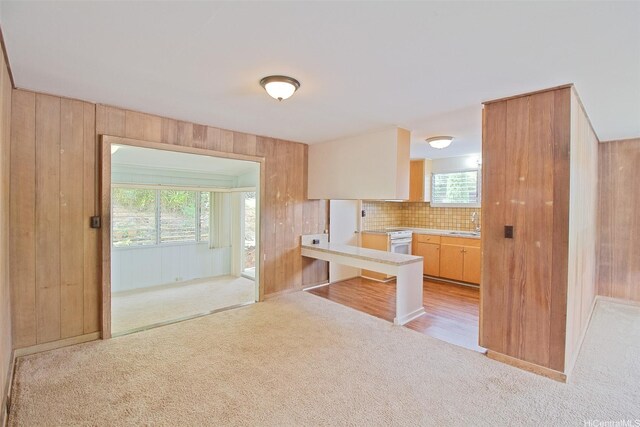 2410 Halenoho Pl, Honolulu, HI 96816 - kitchen featuring light carpet, wood walls, decorative backsplash, and light countertops