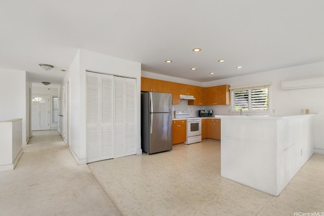 3153 Diamond Head Rd, Honolulu, HI 96815 - kitchen with freestanding refrigerator, white electric range, brown cabinetry, light countertops, and recessed lighting