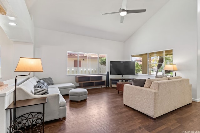 91-1186 Namahoe St, Kapolei, HI 96707 - living room featuring high vaulted ceiling, dark wood-style floors, and ceiling fan