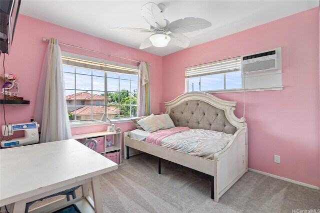 91-1186 Namahoe St, Kapolei, HI 96707 - bedroom featuring a wall mounted air conditioner, light carpet, and a ceiling fan