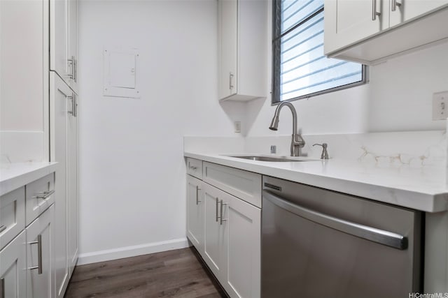 1215 Alexander St Unit 204, Honolulu, HI 96826 - kitchen featuring stainless steel dishwasher, dark wood-style floors, and white cabinetry