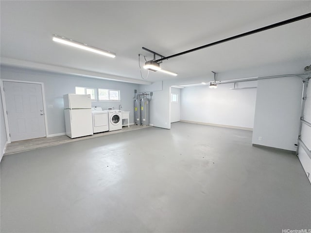 813 20th Ave, Honolulu, HI 96816 - garage featuring freestanding refrigerator, washing machine and dryer, a garage door opener, gas water heater, and water heater