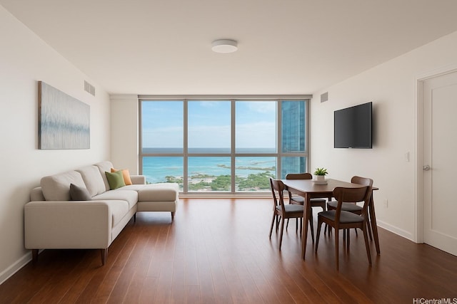 1177 Queen St Unit 2906, Honolulu, HI 96814 - living area with a wall of windows and dark wood-style flooring