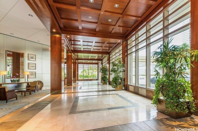 1177 Queen St Unit 2906, Honolulu, HI 96814 - common area with a wooden ceiling with exposed beams, coffered ceiling, and a towering ceiling