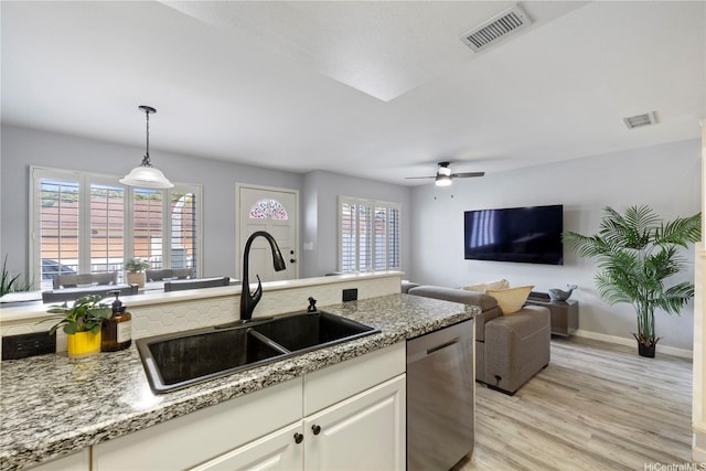 91-1031 Kaimalie St Unit 4M4, Ewa Beach, HI 96706 - kitchen featuring stainless steel dishwasher, light wood-style flooring, ceiling fan, decorative light fixtures, and white cabinets
