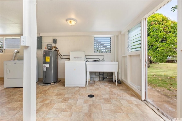 101 Kawananakoa Pl, Honolulu, HI 96817 - washroom with water heater, washing machine and dryer, stone finish flooring, and electric panel