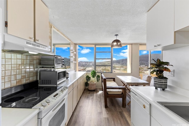 2825 S King St Unit 2504, Honolulu, HI 96826 - kitchen featuring white appliances, under cabinet range hood, light wood-style flooring, a textured ceiling, and decorative backsplash