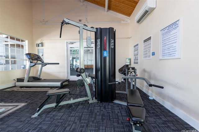 239 Mananai Pl Unit 54F, Honolulu, HI 96818 - gym with carpet floors, high vaulted ceiling, a wall mounted AC, and beam ceiling