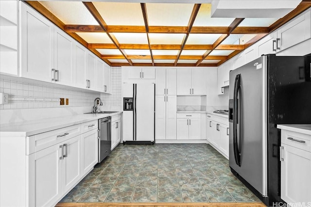 1600 Ala Moana Blvd Unit 306, Honolulu, HI 96815 - kitchen featuring appliances with stainless steel finishes, coffered ceiling, tasteful backsplash, white cabinetry, and open shelves