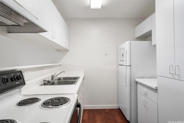 46-267 Kahuhipa St Unit C303, Kaneohe, HI 96744 - kitchen featuring white appliances, exhaust hood, dark wood-type flooring, light countertops, and white cabinets