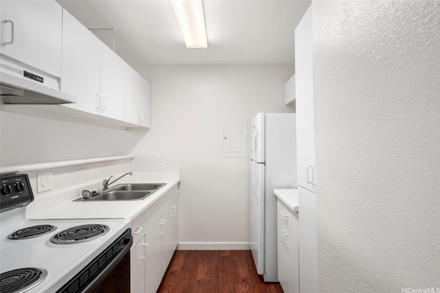 46-267 Kahuhipa St Unit C303, Kaneohe, HI 96744 - kitchen featuring electric range, freestanding refrigerator, custom exhaust hood, dark wood-style floors, and light countertops