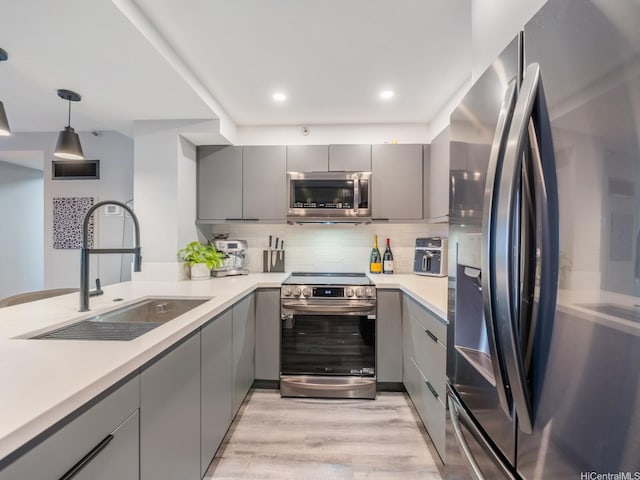 415 S St Unit 1602, Honolulu, HI 96813 - kitchen with appliances with stainless steel finishes, gray cabinetry, light wood-style floors, tasteful backsplash, and recessed lighting