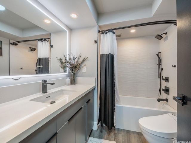415 S St Unit 1602, Honolulu, HI 96813 - full bath with vanity, shower / bathtub combination with curtain, recessed lighting, and wood finished floors