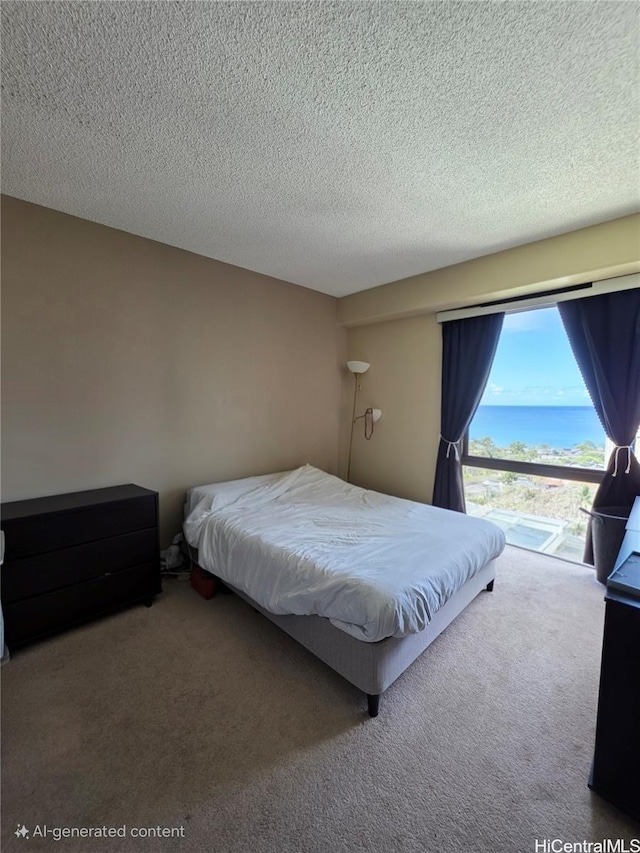 225 Queen St Unit 14A, Honolulu, HI 96813 - bedroom with carpet flooring, a water view, a textured ceiling, and access to outside