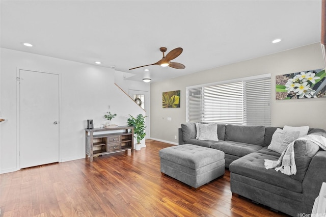 91-1017 Hoopili St Unit 66, Ewa Beach, HI 96706 - living area with wood finished floors, a ceiling fan, and recessed lighting
