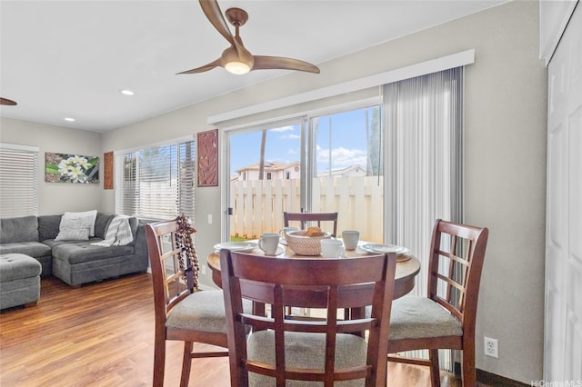 91-1017 Hoopili St Unit 66, Ewa Beach, HI 96706 - dining area featuring light wood-type flooring, a ceiling fan, and recessed lighting