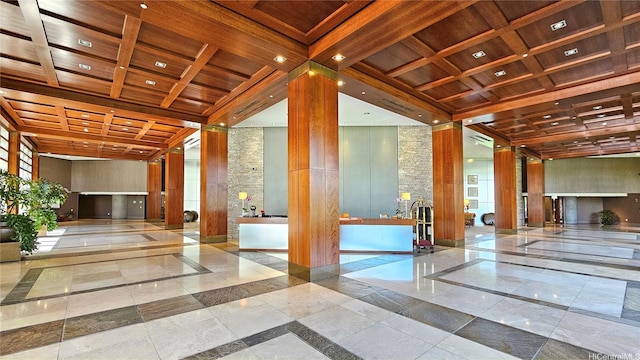 1177 Queen St Unit 1805, Honolulu, HI 96814 - community lobby with coffered ceiling, a wood ceiling with exposed beams, and recessed lighting