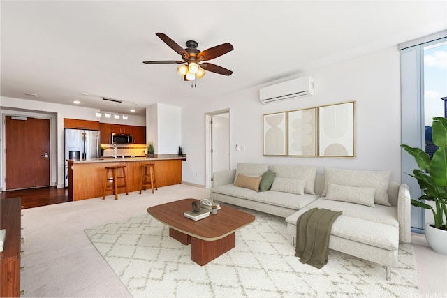 555 S St Unit 2303, Honolulu, HI 96813 - living room with a wall mounted AC, a ceiling fan, recessed lighting, and carpet flooring
