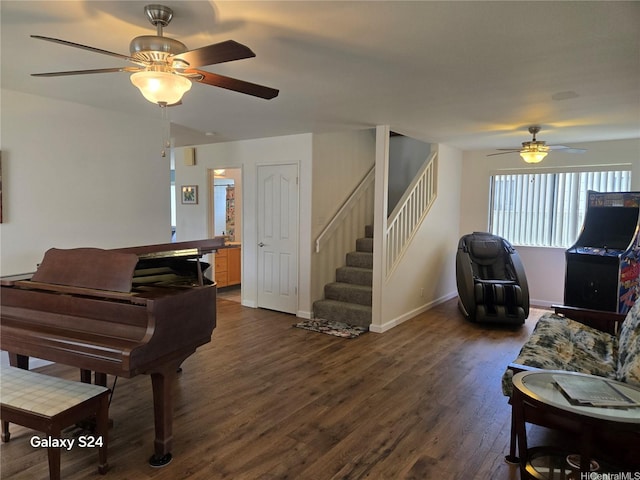 94-1008 Makakoa Loop, Waipahu, HI 96797 - living room featuring ceiling fan, stairway, and dark wood-style floors