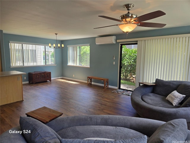 94-1008 Makakoa Loop, Waipahu, HI 96797 - living area featuring an AC wall unit, a chandelier, dark wood-style flooring, and ceiling fan