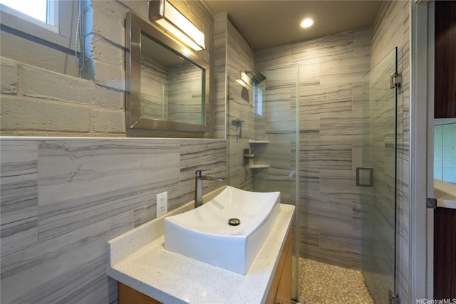 2316 Round Top Dr, Honolulu, HI 96822 - full bathroom featuring vanity, a stall shower, tile walls, and recessed lighting