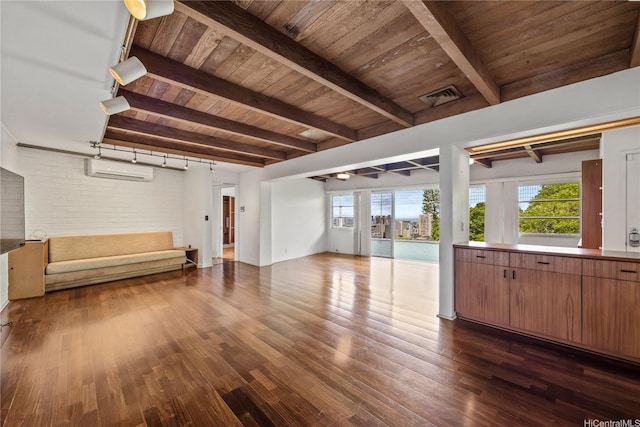 2316 Round Top Dr, Honolulu, HI 96822 - unfurnished living room featuring a wooden ceiling with exposed beams, healthy amount of natural light, a wall unit AC, dark wood-type flooring, and brick wall