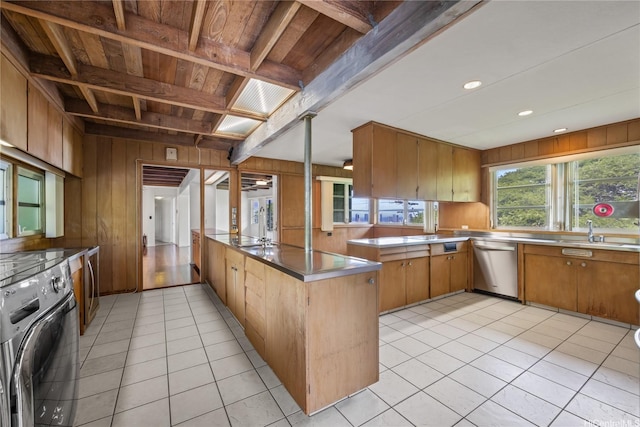 2316 Round Top Dr, Honolulu, HI 96822 - kitchen featuring stainless steel countertops, a peninsula, washer / clothes dryer, stainless steel dishwasher, and wood walls