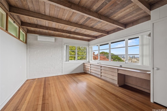 2316 Round Top Dr, Honolulu, HI 96822 - unfurnished sunroom featuring built in study area, an AC wall unit, and beamed ceiling