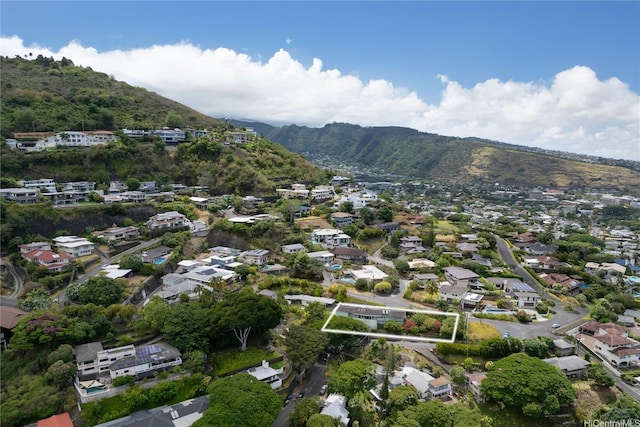 2316 Round Top Dr, Honolulu, HI 96822 - aerial overview of property's location featuring a mountain backdrop and property parcel outlined