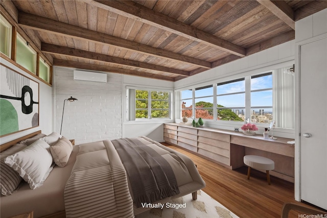 2316 Round Top Dr, Honolulu, HI 96822 - bedroom featuring a wooden ceiling with exposed beams, wood finished floors, and an AC wall unit