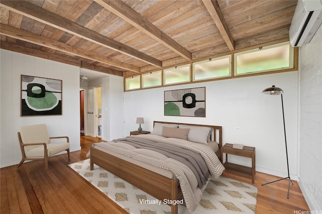 2316 Round Top Dr, Honolulu, HI 96822 - bedroom with a wood ceiling with exposed beams, a wall unit AC, and hardwood / wood-style floors