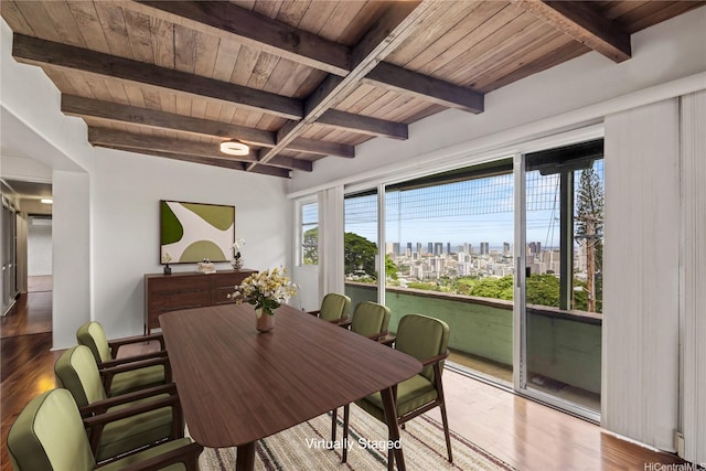 2316 Round Top Dr, Honolulu, HI 96822 - dining area featuring a skyline view, a wood ceiling with exposed beams, wood finished floors, and healthy amount of natural light