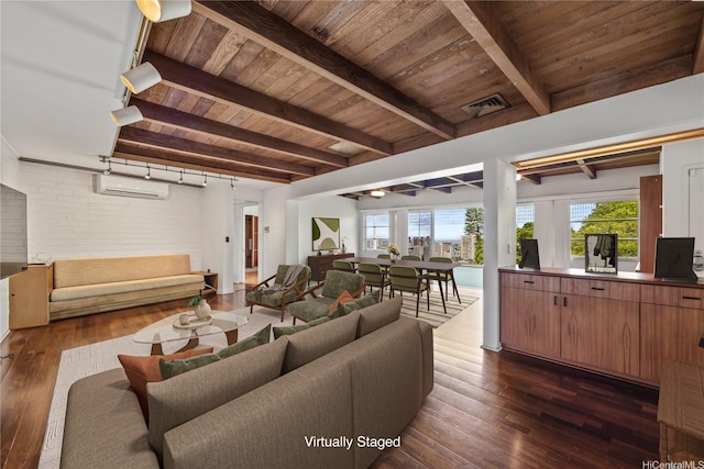 2316 Round Top Dr, Honolulu, HI 96822 - living room featuring a wooden ceiling with exposed beams, healthy amount of natural light, dark wood-style floors, a wall mounted air conditioner, and brick wall