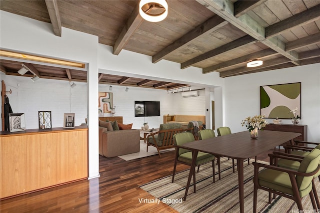 2316 Round Top Dr, Honolulu, HI 96822 - dining space with dark wood-style floors, a wooden ceiling with exposed beams, and an AC wall unit