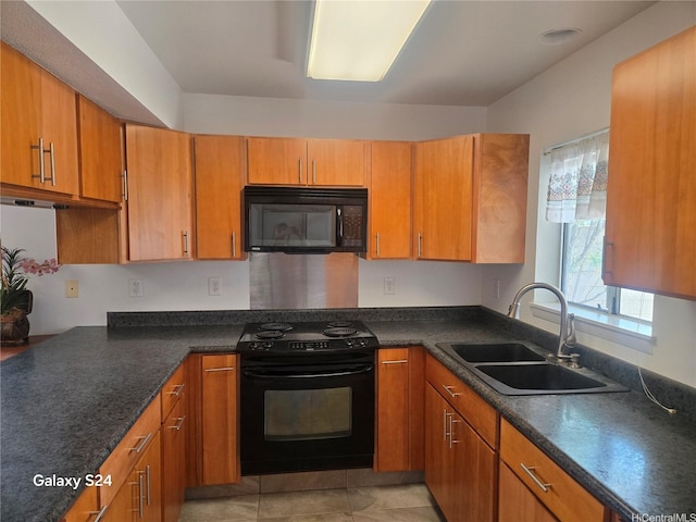 94-1060 Lelehu St, Waipahu, HI 96797 - kitchen with black appliances, dark countertops, brown cabinetry, and light tile patterned flooring
