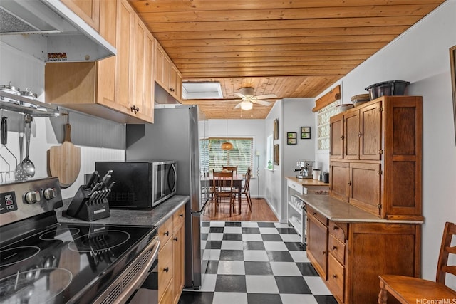 15-1518 20th Ave, Keaau, HI 96749 - kitchen featuring electric stove, wooden ceiling, under cabinet range hood, dark floors, and ceiling fan