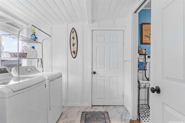 15-1518 20th Ave, Keaau, HI 96749 - laundry room featuring washing machine and dryer, wooden ceiling, and light marble finish flooring