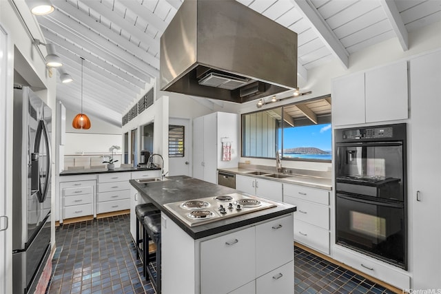 1789 Laukahi St, Honolulu, HI 96821 - kitchen featuring appliances with stainless steel finishes, island exhaust hood, a center island, dark countertops, and wood ceiling