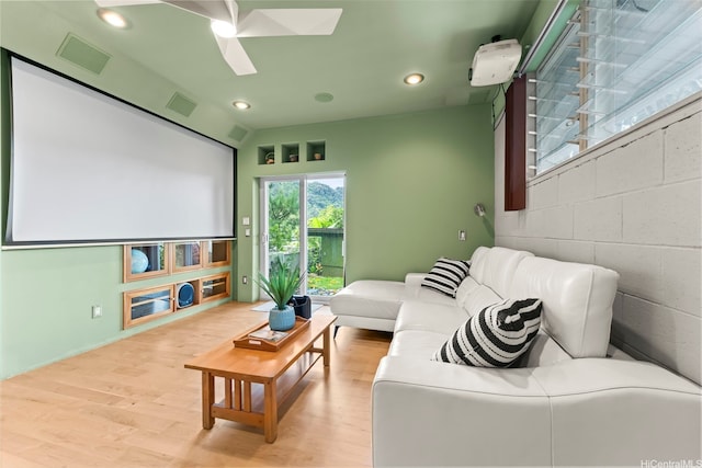 3233 Allan Pl, Honolulu, HI 96817 - home theater with a ceiling fan, wood finished floors, recessed lighting, and a skylight
