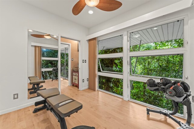 3233 Allan Pl, Honolulu, HI 96817 - workout area featuring ceiling fan and wood finished floors