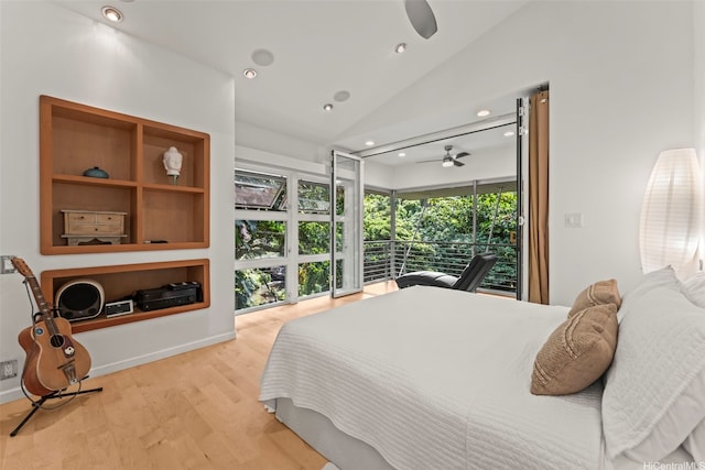 3233 Allan Pl, Honolulu, HI 96817 - bedroom featuring access to exterior, lofted ceiling, wood finished floors, recessed lighting, and ceiling fan