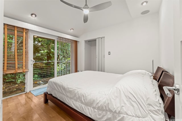 3233 Allan Pl, Honolulu, HI 96817 - bedroom with access to exterior, wood finished floors, recessed lighting, and a ceiling fan