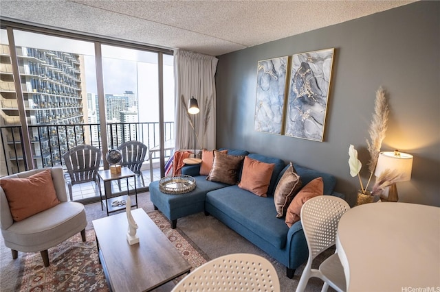 201 Ohua Ave Unit Makai/2808, Honolulu, HI 96815 - carpeted living room with a wall of windows, a city view, and a textured ceiling