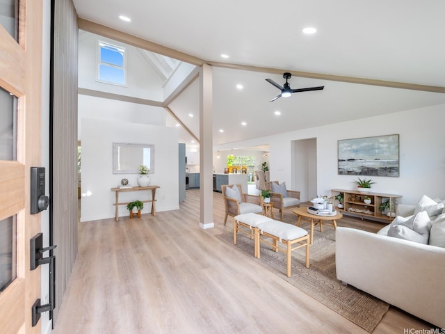 95-161 Kauopae Pl, Mililani, HI 96789 - living area featuring light wood-style flooring, ceiling fan, high vaulted ceiling, and recessed lighting
