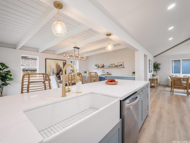 95-161 Kauopae Pl, Mililani, HI 96789 - kitchen with dishwasher, light wood finished floors, hanging light fixtures, light countertops, and beamed ceiling