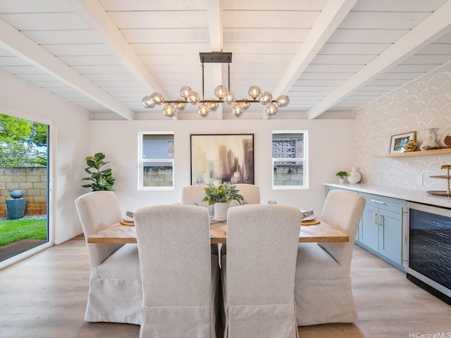 95-161 Kauopae Pl, Mililani, HI 96789 - dining area with beverage cooler, a chandelier, light wood-style flooring, a wooden ceiling with exposed beams, and a dry bar