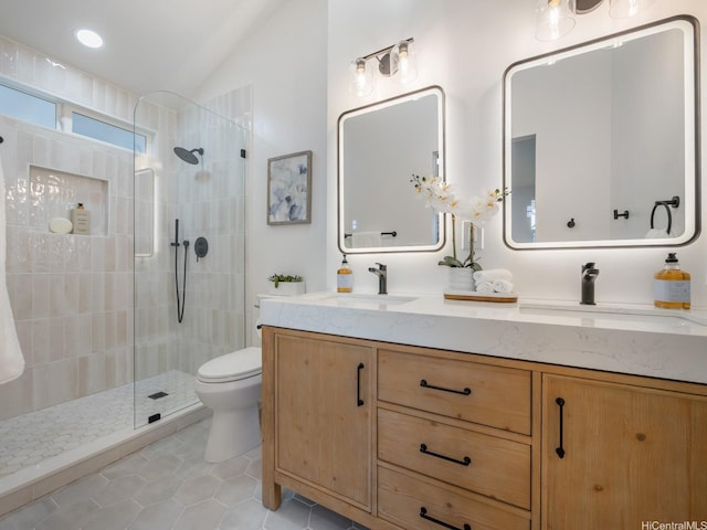 95-161 Kauopae Pl, Mililani, HI 96789 - bathroom featuring double vanity, a walk in shower, tile patterned flooring, and lofted ceiling